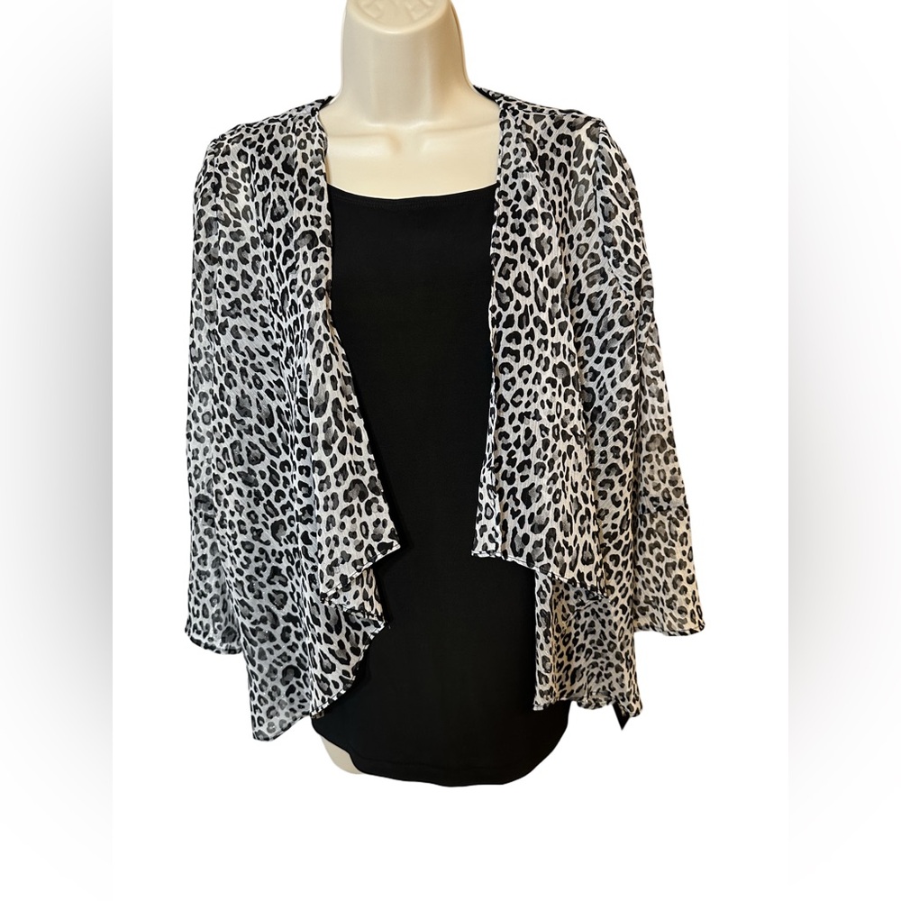 Rebecca Malone Leopard Print Cardigan Top Set Black White Small Chic Layered - Picture 3 of 9